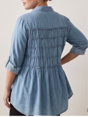TAXI Chambray Top Hi Lo Back Ruffle Button Down Tunic 1X